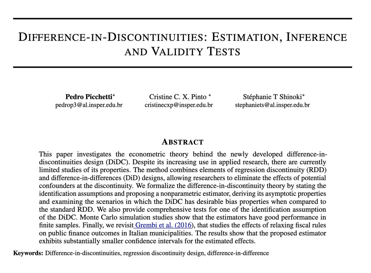 JohnHolbein1's tweet photo. #RDDers: check it out. 

Difference-in-Discontinuities: Estimation, Inference, and Validity Tests. 

https://t.co/KZvugpidEu https://t.co/4n643X2QBV