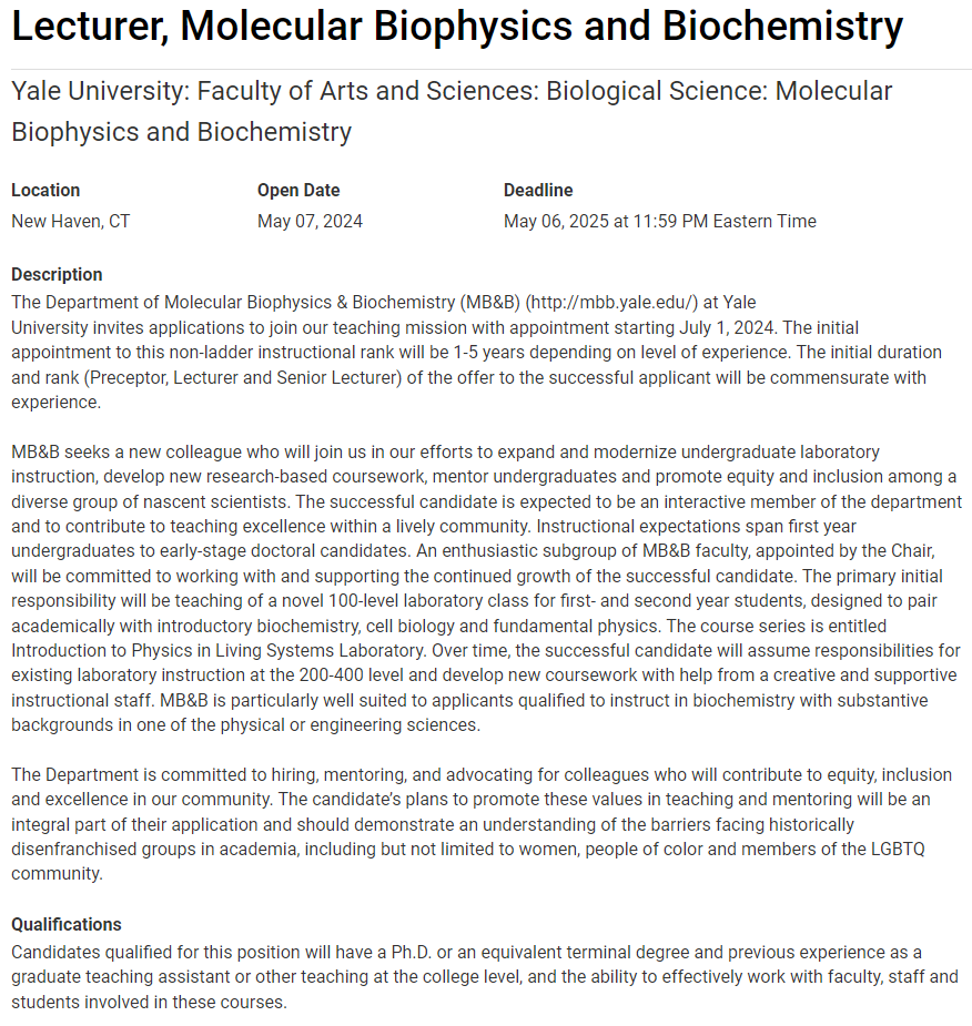 RonBreaker's tweet image. Here is a recent posting for a Lecturer position with the Department of Molecular Biophysics and Biochemistry (MB&B) at #Yale University. Please consider joining our research and educational community @YaleMBB and contributing to these important missions! apply.interfolio.com/145019
