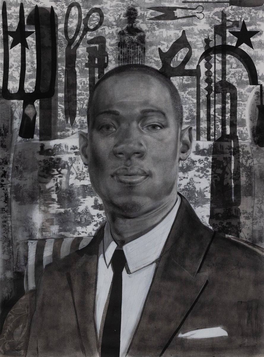 RJDGallery's tweet photo. New work by Phillip Thomas at the gallery! We are simply in love with "Tools of the Trade" a handsome #portrait with intriguing background elements. Email us at art@rjdgallery.com for moree information or a private viewing. #art #figurativeart #blackart #blackisbeautiful https://t.co/25imE1ksnc