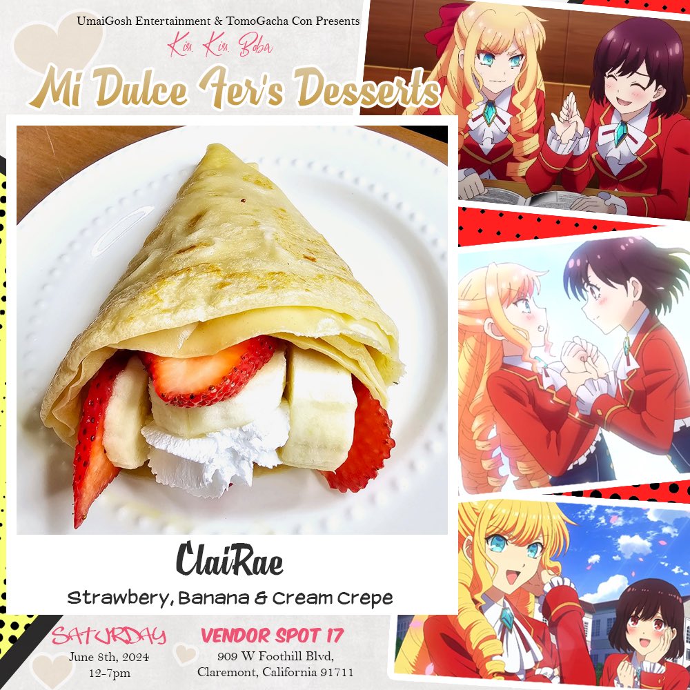 pop_umai's tweet photo. Mi Dulce Fer’s Desserts (1/3)

Hope you’re ready for dessert because Mi Dulce Fer has you covered! 😉

Grab a delicious anime inspired crepe to go along with your drink!

Available in the vendor hall behind Almond Haus! 

https://t.co/Xb04h5bv4J https://t.co/jj0XYMAEmK