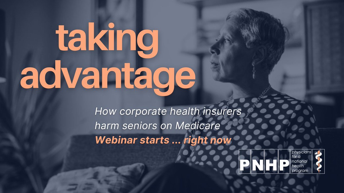 PNHP's tweet photo. Corporate health insurers have a long history of harming seniors in the so-called “Medicare Advantage” program.

We’ll hear from patients, physicians, family members, health care workers, and policymakers who are fed up with #MedicareDisadvantage on tonight’s webinar.

Thread ⬇️ https://t.co/GbwEBzeEzi
