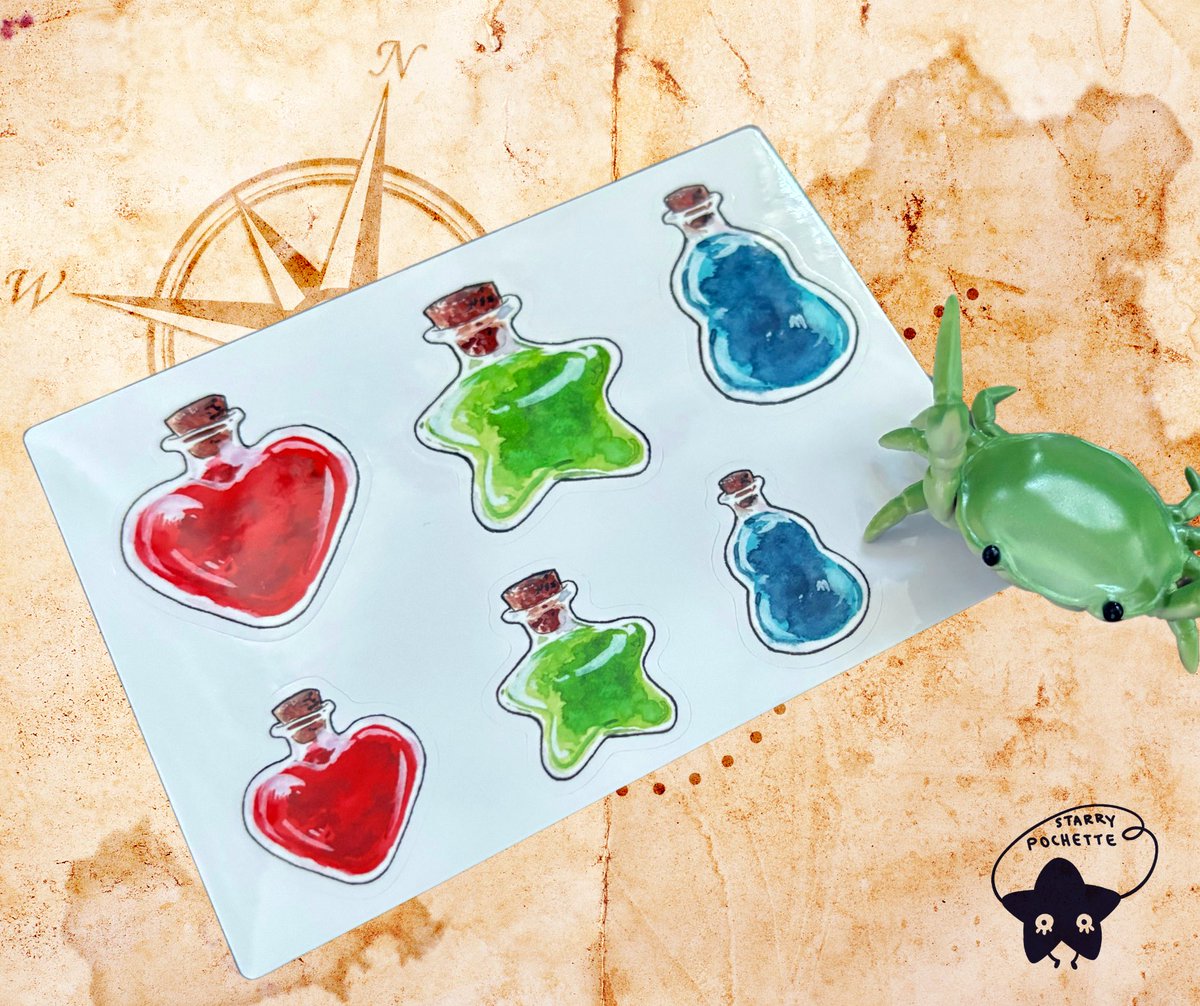 StarryPochette's tweet photo. Good luck on your quests, travelers!

I really love these stickers I made 🥹 I’ll see if I can make something cute and frame the original paintings for these https://t.co/UalQMRn8Hj
