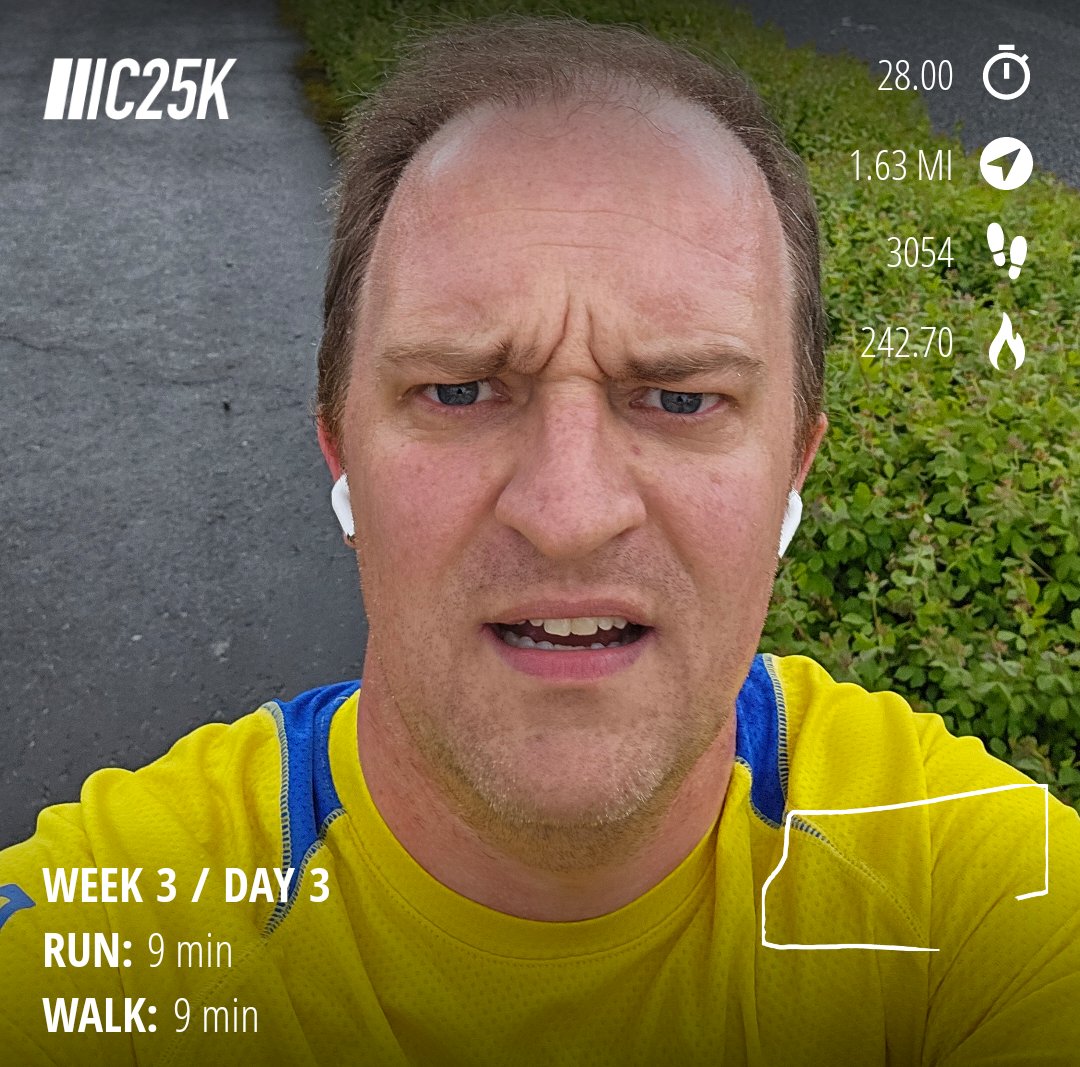 Week 3 Day 3 and the injury bug finally decides to bite. 1 minute left in the run and my right hamstring pulls. I admit the last week made me a bit overconfident in how far i could go in the time. 
Here's hoping I can recover in a few days #couchto5k