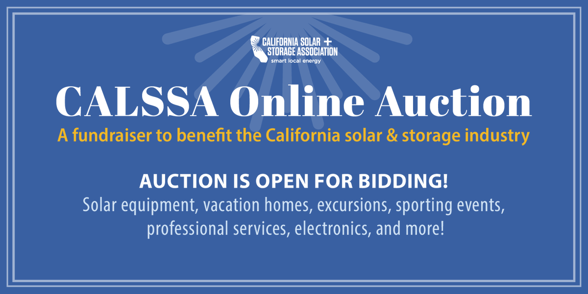 CALSSA's Online Auction is now live! Anyone can bid on items and all proceeds support CALSSA’s work to protect and grow the solar &amp; storage industry in California. We have over 50 amazing items. Check it out! bit.ly/4eaDyi7
