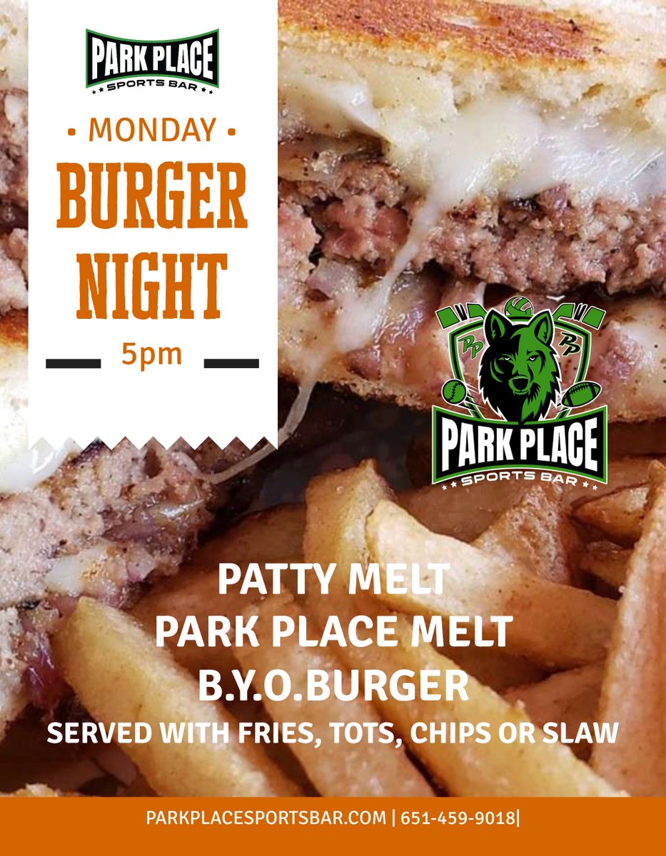 ParkPlace2's tweet image. It's BURGER NIGHT here at the PP! Stop by for a fresh 1/2lb angus beef burger tonight! #changesarecoming #newsummermenucoming #newspecialscoming #parkplacesportsbar #mondaynightspecial