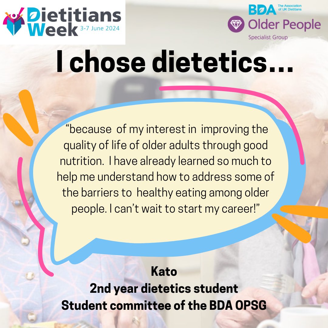 BDA_olderpeople's tweet photo. Let’s hear from our student committee Kato on why she chose to study dietetics
#DW2024 #rd2be #dietetics @BDA_Dietitians 

Have you read on our eating, drinking and ageing well resources yet? Check it out 👉🏻 https://t.co/OkWiENOsPA. https://t.co/hNMLR0fzY2