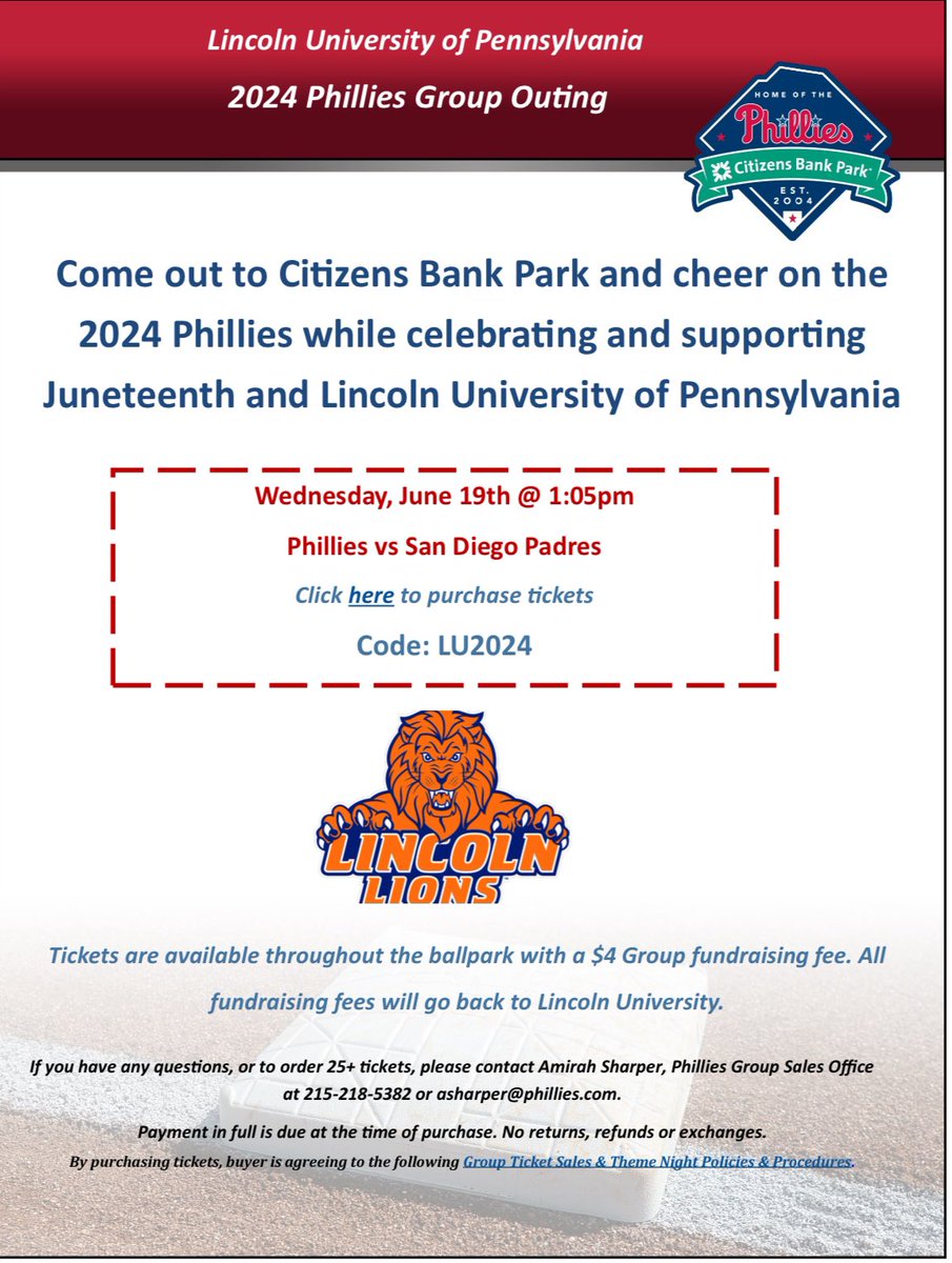 Harry Stinson III (@hstinsoniii) on Twitter photo Calling all HBCU alums, supporters & D9 Greeks! Join us at the ball park as <a href="/LincolnUofPA/">Lincoln University</a> celebrates Juneteenth with the <a href="/Phillies/">Philadelphia Phillies</a> for HBCU day at the park. Help us raise funds by using the code below LU2024 and purchasing your discounted tickets here: mlb.tickets.com/schedule/?agen… Calling all HBCU alums, supporters & D9 Greeks! Join us at the ball park as <a href="/LincolnUofPA/">Lincoln University</a> celebrates Juneteenth with the <a href="/Phillies/">Philadelphia Phillies</a> for HBCU day at the park. Help us raise funds by using the code below LU2024 and purchasing your discounted tickets here: mlb.tickets.com/schedule/?agen…