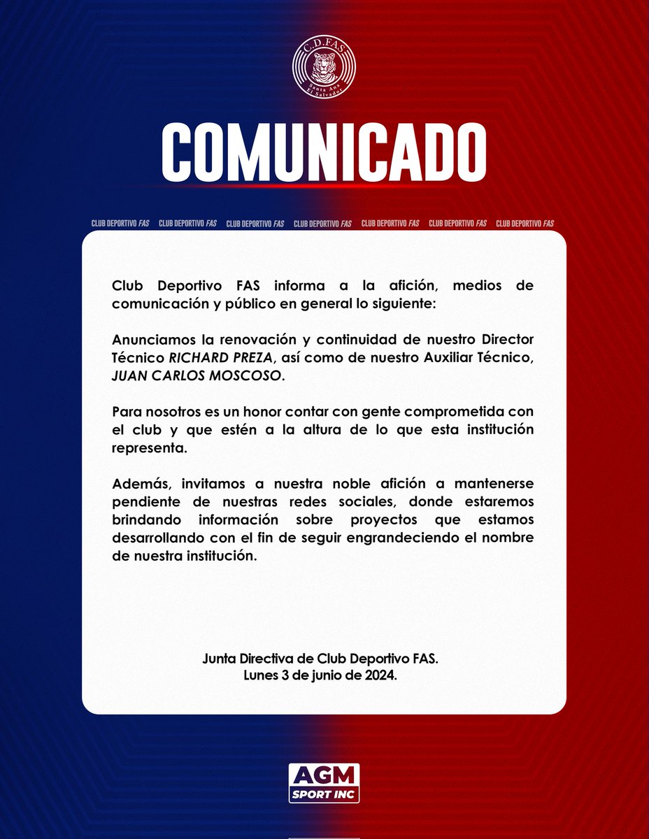 🗒️ | 𝐂𝐎𝐌𝐔𝐍𝐈𝐂𝐀𝐃𝐎 𝐎𝐅𝐈𝐂𝐈𝐀𝐋

‼️Renovación de nuestro Director Técnico Richard Preza y nuestro Auxiliar Técnico, Juan Carlos Moscoso.

#ClubDeportivoFAS