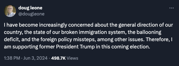 CollinRugg's tweet photo. REPORT: Donald Trump sees new wave of support from wealthy donors amidst his conviction in New York City.

Here is a list of new wealthy donors who are considering or have already pledged support for Trump:

Doug Leone, Sequoia Capital: "I have become increasingly concerned about the general direction of our country, the state of our broken immigration system, the ballooning deficit, and the foreign policy missteps, among other issues. Therefore, I am supporting former President Trump in this coming election."

Forbes net worth: $7.9 billion.

Shaun Maguire, Sequoia Capital: Announced on X that he was donating $300,000 to Trump after donating to Hillary Clinton in 2016.

David Sacks, Craft Ventures: Hosting a fundraiser for Trump in the Bay area with tickets costing $300,000.

Chamath Palihapitiya, Social Capital: Hosting a fundraiser for Trump in the Bay area with tickets costing $300,000.

Bill Ackman, Pershing Square: Likely to back Donald Trump after supporting Democrats in the past according to the Financial Times.

Forbes net worth: $4.3 billion.

Steve Schwarzman, Blackstone: Announced he will be backing Trump for the 2024 election, saying he shares "the concern of most Americans that our economic, immigration and foreign policies are taking the country in the wrong direction."

Forbes net worth: $37.6 billion.