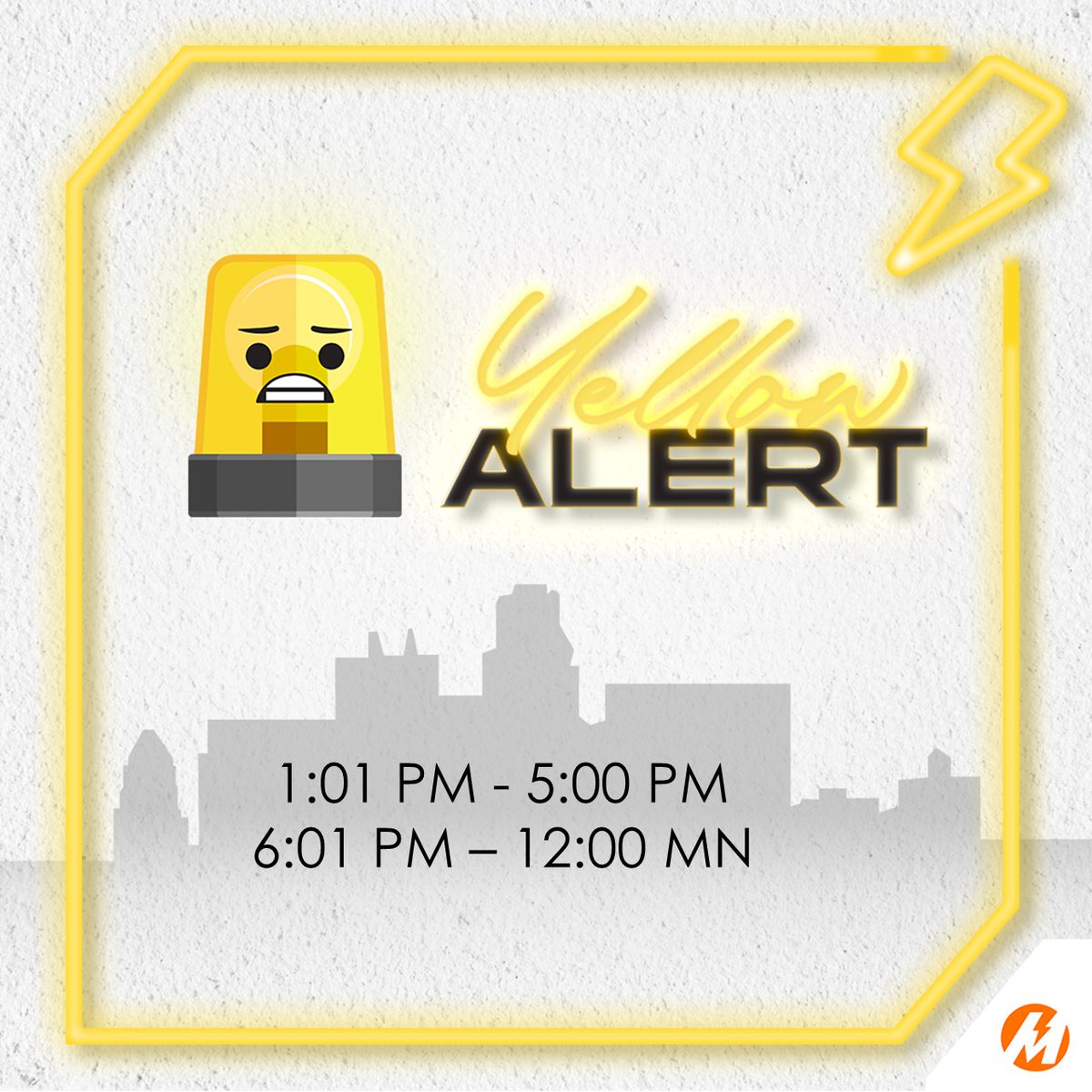 meralco's tweet photo. Power Supply Update as of June 4, 2024, 7:30 AM:

The NGCP raised YELLOW ALERT today due to the shortage of power supply and power reserves of Luzon Power Plants.

YELLOW ALERT at 1:01 PM - 5:00 PM | 6:01 PM – 12:00 MN.
For concerns, PM us on FB messenger or X. https://t.co/LqlBLIqYoE
