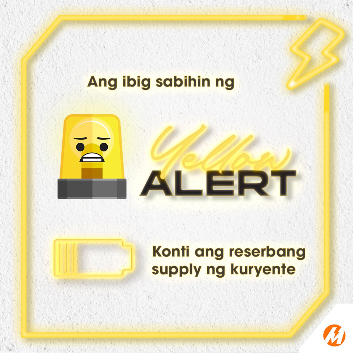 meralco's tweet photo. Power Supply Update as of June 4, 2024, 7:30 AM:

The NGCP raised YELLOW ALERT today due to the shortage of power supply and power reserves of Luzon Power Plants.

YELLOW ALERT at 1:01 PM - 5:00 PM | 6:01 PM – 12:00 MN.
For concerns, PM us on FB messenger or X. https://t.co/LqlBLIqYoE