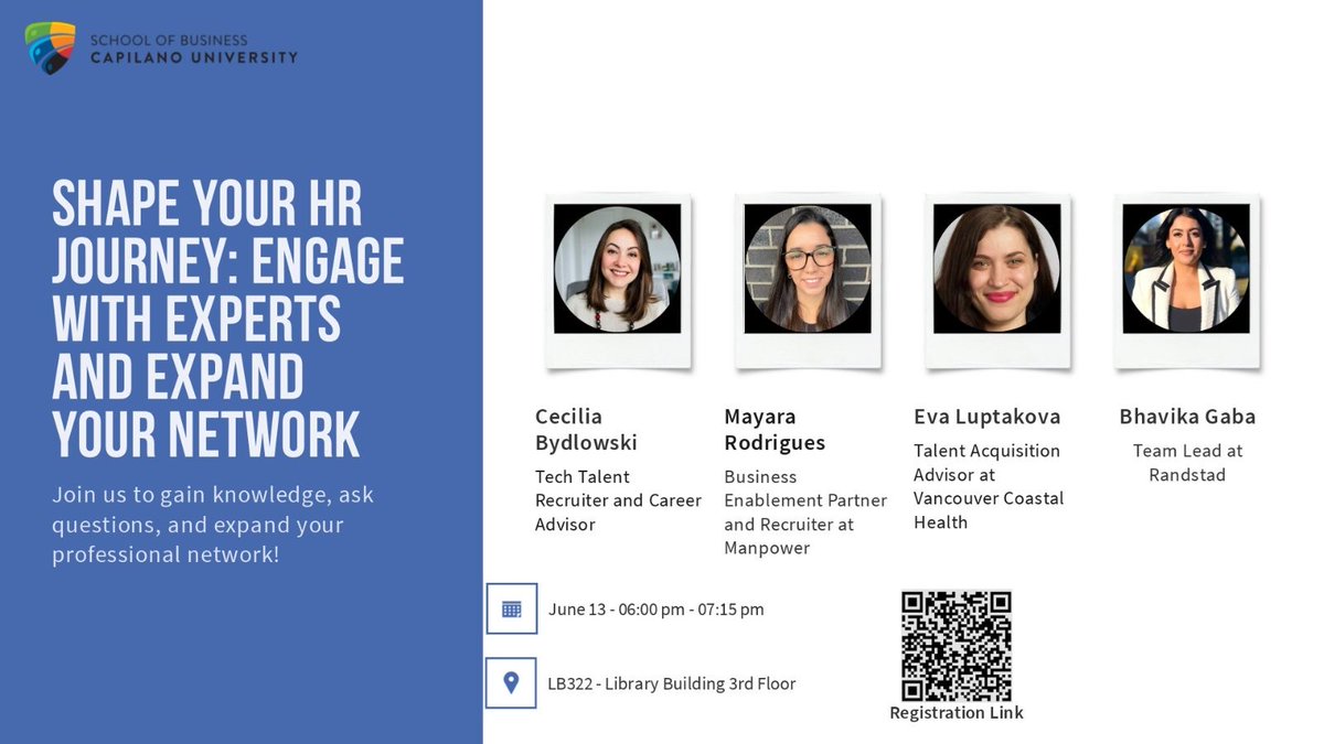 HUMAN RESOURCES PANEL DISCUSSION  

Jun 13, 2024 06:00 PM to 07:30 PM  
Library 322 
Registration Deadline: Jun 13, 2024 12:00 AM 
Register here: experience.capilanou.ca/home/publiceve…

Join us for an engaging HR panel discussion featuring three distinguished professionals from the HR industry.