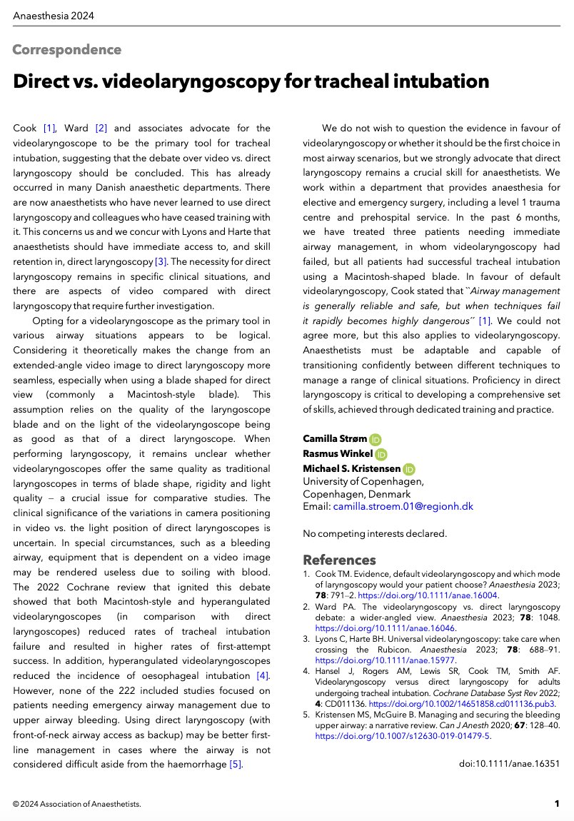 𝘈𝘯𝘢𝘦𝘴𝘵𝘩𝘦𝘴𝘪𝘢 (@anaes_journal) on Twitter photo Direct vs videolaryngoscopy for tracheal intubation
In Denmark, there are now anaesthetists who have never learned to use direct laryngoscopy and colleagues who have ceased training with it.
Strøm et al argue DL is a crucial skill for anaesthetists.
🔗…-publications.onlinelibrary.wiley.com/doi/10.1111/an… Direct vs videolaryngoscopy for tracheal intubation
In Denmark, there are now anaesthetists who have never learned to use direct laryngoscopy and colleagues who have ceased training with it.
Strøm et al argue DL is a crucial skill for anaesthetists.
🔗…-publications.onlinelibrary.wiley.com/doi/10.1111/an…