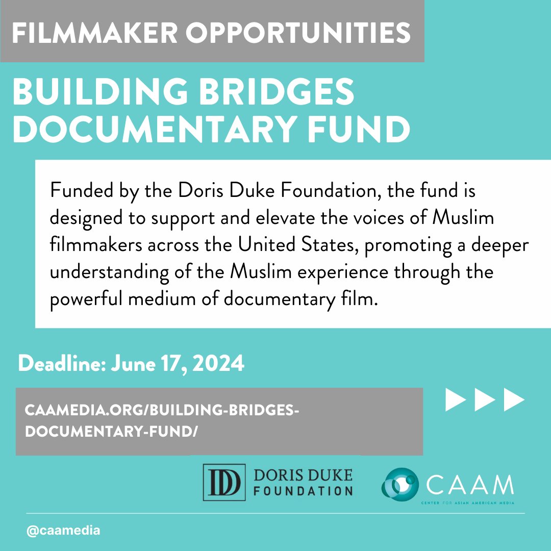 CAAM's tweet photo. Filmmakers! Here are some upcoming funding opportunities to check out:

BUILDING BRIDGE DOCUMENTARY FUND
Deadline: June 17, 2024

IDA OPEN CALL 2024
Deadline: June 25, 2024

AXS FILM FUND 2024
Deadline: June 25, 2024 https://t.co/yGUTm1flW3