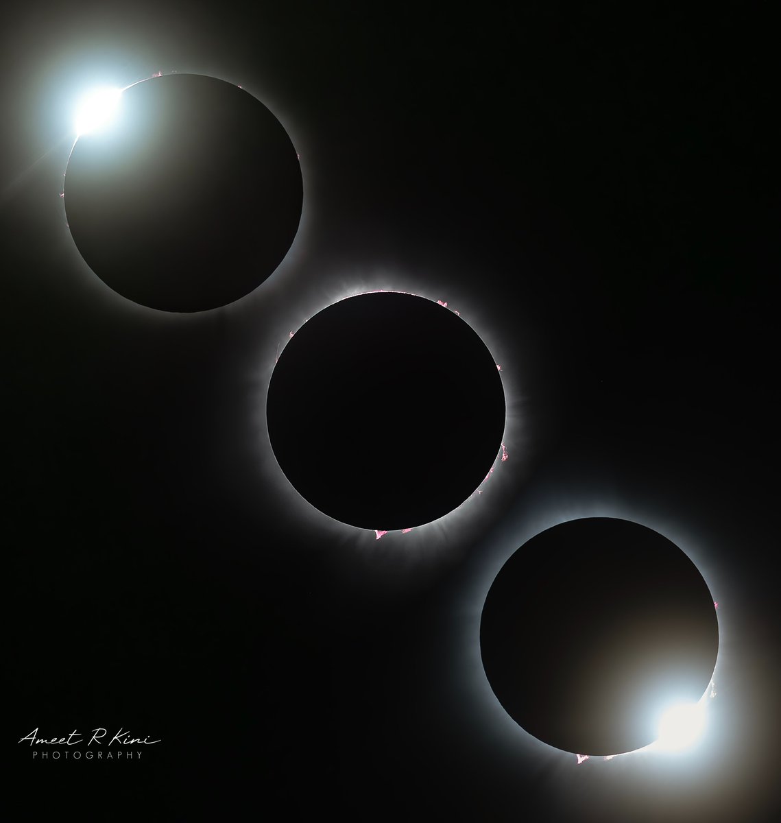 AmeetRKini's tweet image. Diamond Rings and Solar Prominences! A composite of the first diamond ring at the onset of totality, the amazing prominences during totality, and the second diamond ring at the end of totality. Reliving the extraordinary experience of April 8,2024!
#SolarEclipse2024 #Eclipse2024