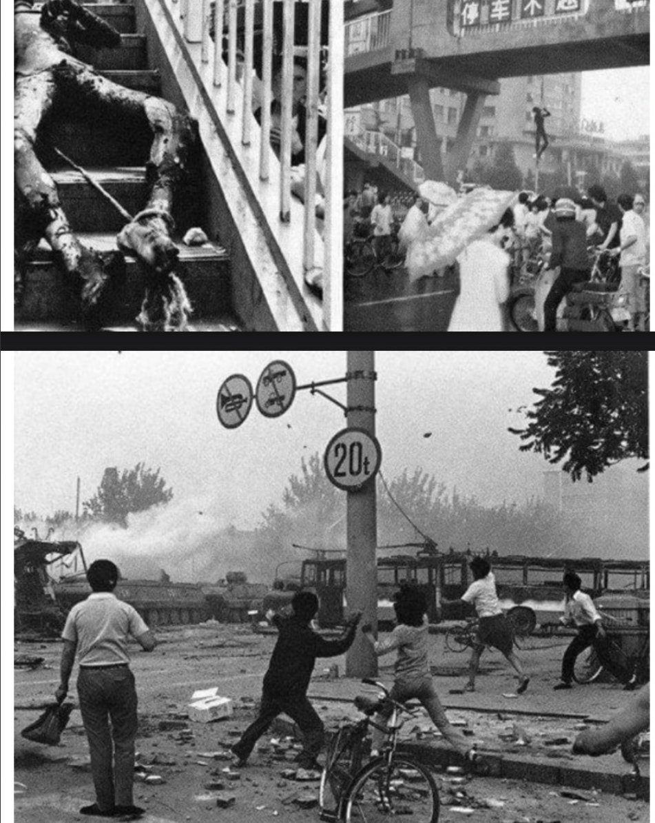 whyyoutouzhele's tweet photo. 根据吴仁华@wurenhua先生在《戒严部队军人死亡情况》中的记录，在整个六四屠杀过程中，共有15名军警死亡。
在戒严部队凌晨开枪屠杀后，部分市民被彻底激怒，在街头与军队发生冲突并以暴制暴，期间焚毁装甲车，杀死落单的解放军官兵并焚烧尸体。
图一：第38集团军步兵112师装甲车队的指挥车003号装甲车在开进途中，与装甲车队的其它装甲车失去联��，独自抵达天安门广场，遭到民众拦阻，最终被烧毁。
图二：西长安街西单路口东约150米处
挂在公共汽车上的死者是第63集团军直属通信团第2营第4连第1排少尉排长刘国庚，在他的尸体旁边，写有“杀人犯”“他杀死四人”“还血”等字样，事后被授予“共和国卫士”称号。
图三：6月4日上午，第28集团军部队开进到西长安街，遭到民众强烈阻拦，并从附近医院拿来死难者血衣，劝说军人不要屠杀人民。中央军委派遣直升机用高音喇叭命令部队采取一切措施，继续向天安门广场开进，但军长何燕然、军政治委员张明春不愿强行开进，更不愿开枪突进，率领部队撤离到附近的军事博物馆。遗弃的的装甲车、军用卡车被愤怒的民众烧毁。
图四：上图，崇文门过街天桥，死者是第39集团军步兵116师步兵347团炮兵营士兵崔国政，事后被授予“共和国卫士”称号。下图，北京市民向坦克装甲车投掷石块。
