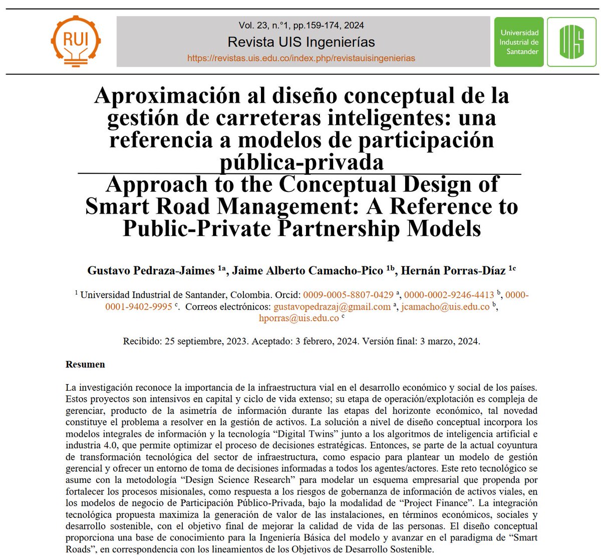 GeomaticaUIS's tweet image. Compartimos nuestras 2 más recientes publicaciones:
* Aproximación al diseño conceptual de la gestión de carreteras inteligentes: una referencia a modelos de participación pública-privada 
* Headway regularity as an attribute for classifying bus drivers
