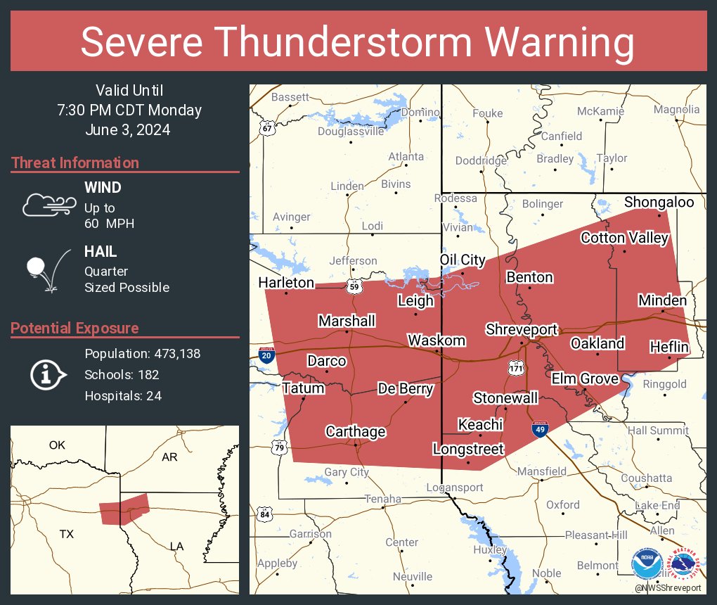 NWSShreveport's tweet photo. Severe Thunderstorm Warning including Shreveport LA, Bossier City LA and  Marshall TX until 7:30 PM CDT https://t.co/wh4qnKlwCO