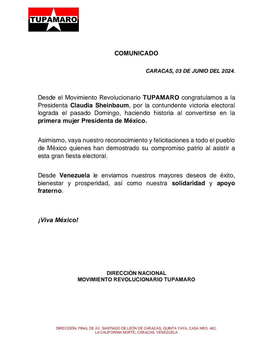 "El Pueblo Unido Jamás Será Vencido"
Desde La Juventud Rebelde de <a href="/TupamaroMRT_/">Movimiento Revolucionario TUPAMARO Vzla.</a> Felicitamos a la Presidenta Claudia Sheinbaum por la contundente victoria electoral lograda el pasado Domingo, haciendo historia al convertirse en la primera mujer Presidenta de México.
<a href="/NicolasMaduro/">Nicolás Maduro</a>