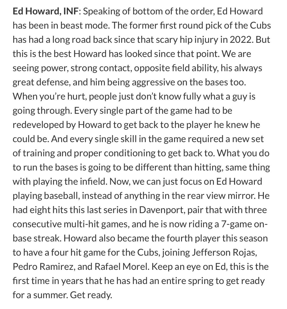 CubWin's tweet photo. Cubs 2020 first round pick Ed Howard is starting to click offensively in South Bend and is still only 22 years old. https://t.co/lgaDumKses