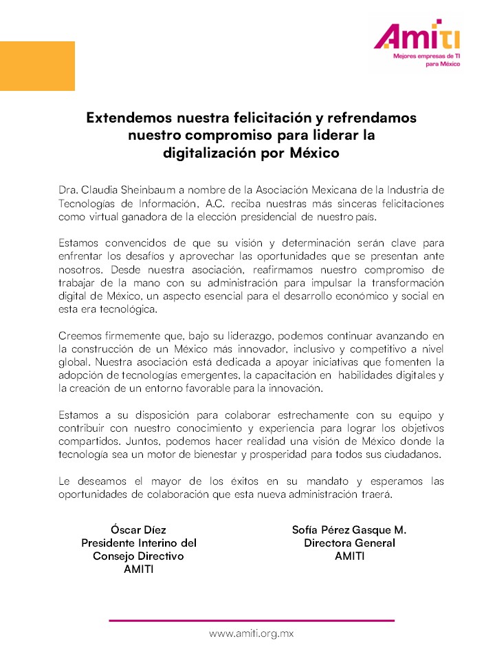 Extendemos nuestras sinceras felicitaciones a la Dra.  <a href="/Claudiashein/">Claudia Sheinbaum Pardo</a> primera mujer en ser electa como Presidenta de la República Mexicana y refrendamos nuestro compromiso para liderar la #digitalización por México. 🇲🇽👩‍💻 
#Unidad #Compromiso