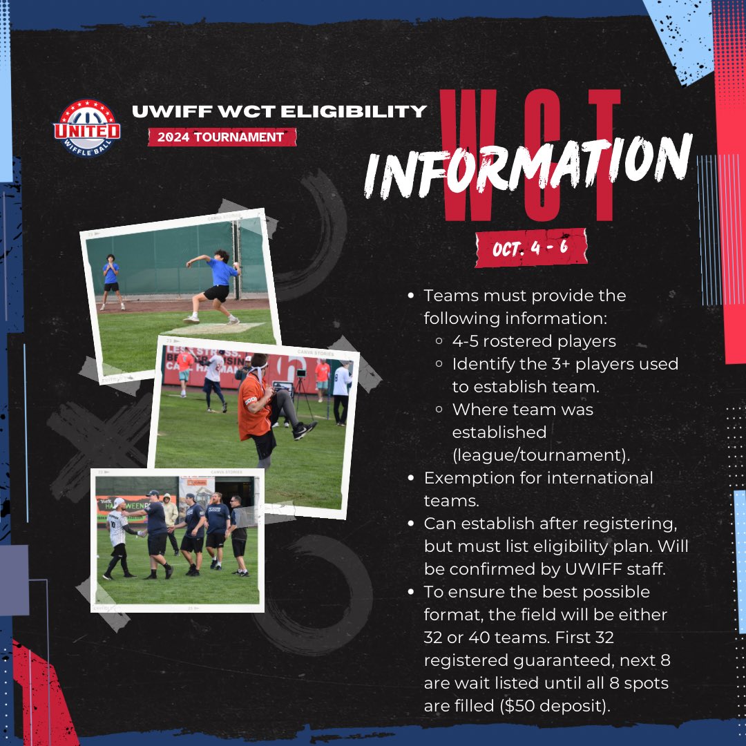 Registration for the 2024 World Championship Tournament goes on sale 2 weeks from today on June 17th! Eligibility rules, registration fee &amp; process, and roster rules are the same as 2023. For additional information, visit Unitedwiffleball.com! We want to see YOU in October!