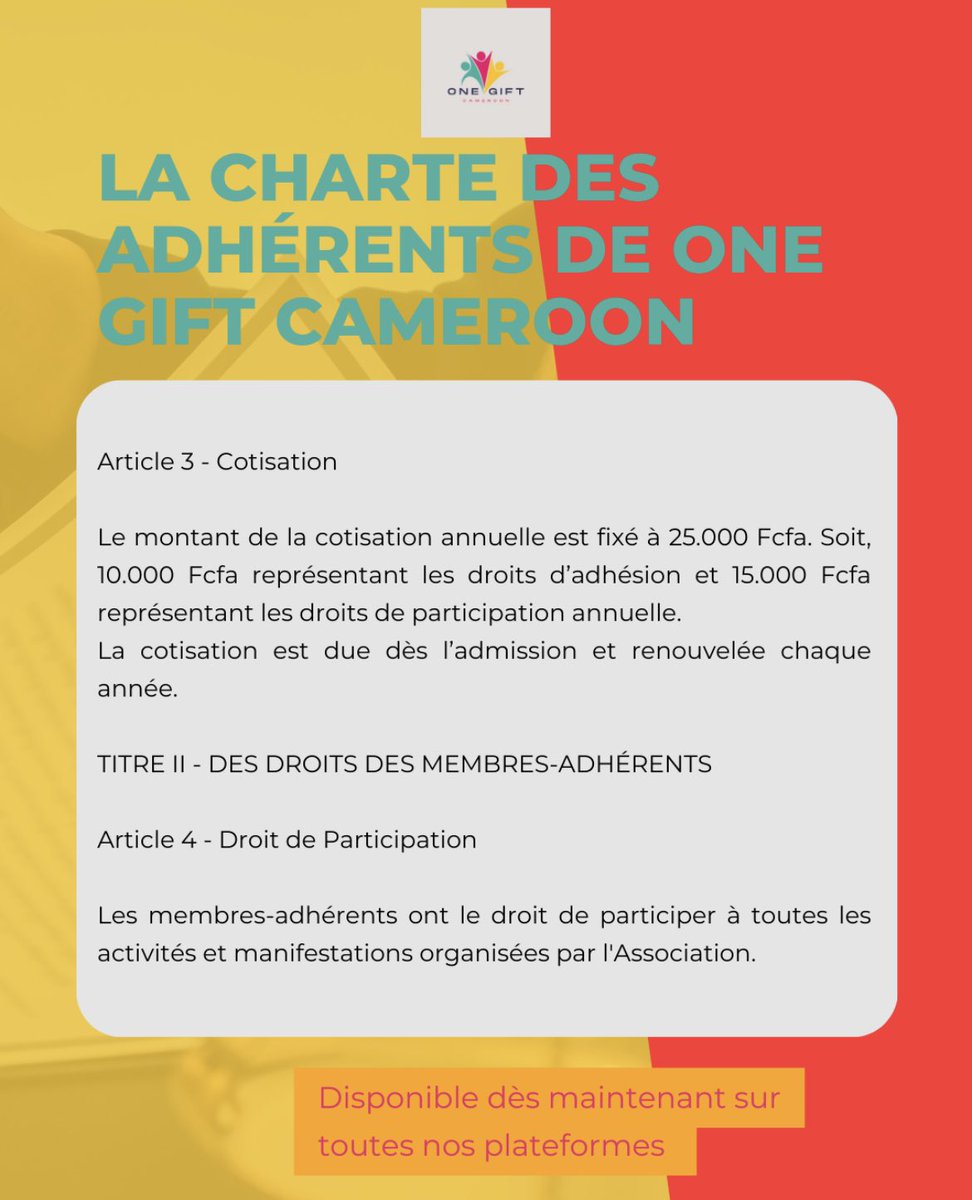 onegiftcmr's tweet photo. N’hésitez pas à nous rejoindre ( en souscrivant en tant que membres adhérents) ! Nous comptons sur vous pour un impact plus important au profit des couches vulnérables! 

One Gift Cameroon. https://t.co/UGcs4Nvvs4