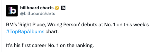 USBTSARMY's tweet photo. [📈] Congratulations, #RM, for your No. 1 debut of 'Right Place, Wrong Person' on this week's Top Rap Albums Chart🎉👏

We are so proud of you!💜

#RightPlaceWrongPerson https://t.co/I7fuU18iyG