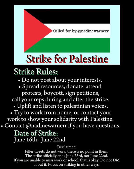 HoneyWreckin's tweet photo. I am spreading it here so that way people can't say they didn't know. And during this time, it is going to be for palestine, congo, tigre, hawaii, sudan, and yemen.
🇵🇸🇨🇩🌺🇸🇩🇾🇪
#STRIKEWEEK https://t.co/G8kpdRz5AI
