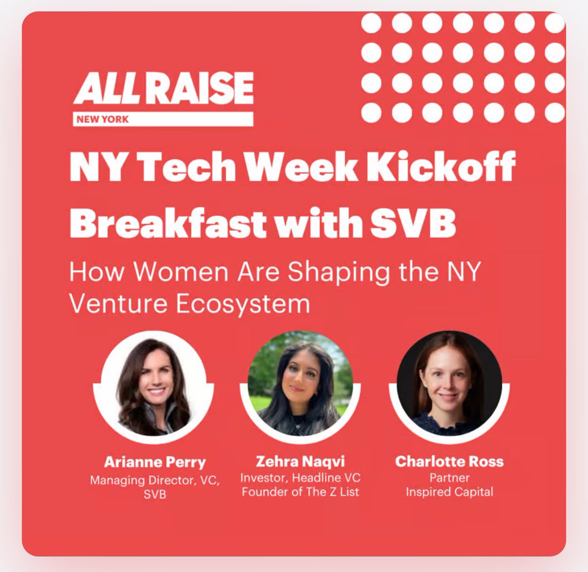 Can’t think of a better way to kick off #nytechweek <a href="/Techweek_/">Tech Week</a> than with <a href="/AllRaise/">All Raise</a> <a href="/zehranaqvi_/">zehra ✨</a> <a href="/InspiredCap/">Inspired Capital</a> <a href="/SiliconVlyBank/">Silicon Valley Bank</a>