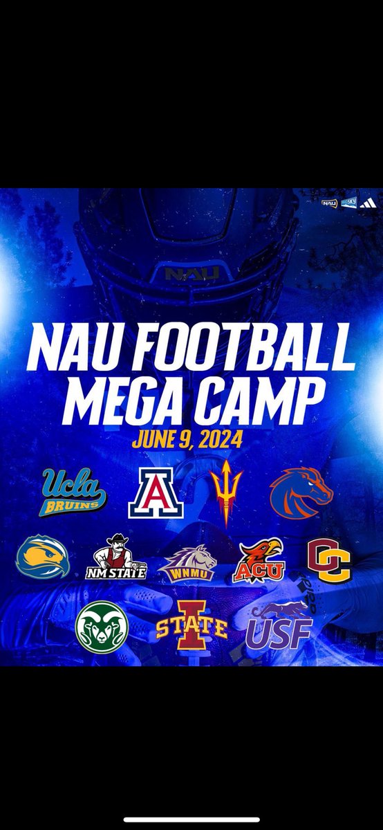 I will be at the <a href="/NAU_Football/">NAU Football</a> camp this weekend! Can’t wait to compete. 
<a href="/Coachbwright4/">Brian Wright</a> <a href="/CoachSwanson_/">Terry Swanson</a> <a href="/JDiMinno/">Jerry DiMinno</a> <a href="/JUSTCHILLY/">Just Chilly</a>