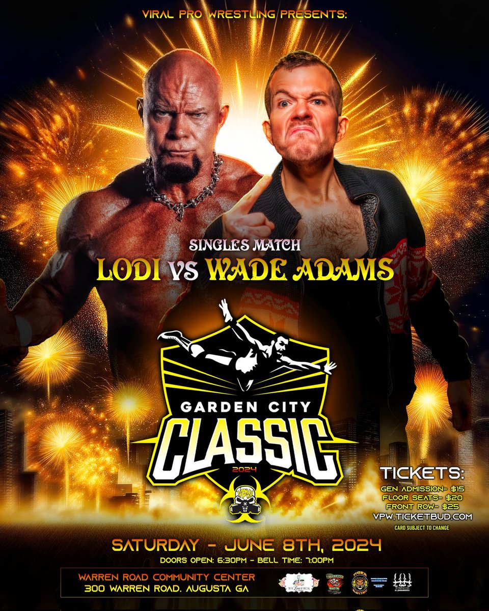 Joshua Hancock has made a thrilling announcement! WCW superstar Lodi will soon clash with the formidable Wade Adams, and while Lodi has yet to attain full ownership of VPW, Hancock remains an influential presence in the company's decisions.

Get Tickets: vpw.ticketbud.com/garden-city-cl…