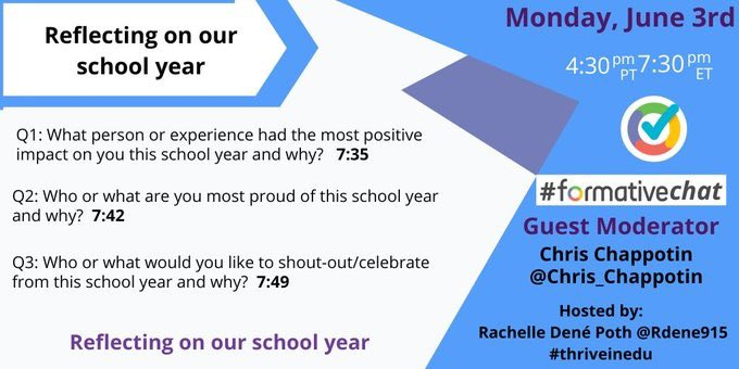Rdene915's tweet image. Q2 is here for  #FormativeChat Join us before #learnlap and reflect on the school year!