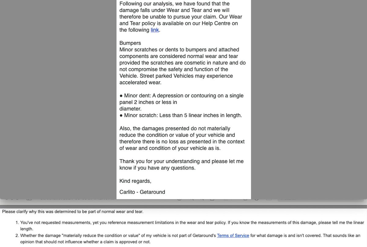 be_the_matt's tweet photo. @Getaround how can you find it acceptable to deny a rental damage claim when you've not requested or received any measurements, yet you point to that as the reason for denial, and you refer to reasons that are not in your Terms of Service? https://t.co/cOABmbgQx2