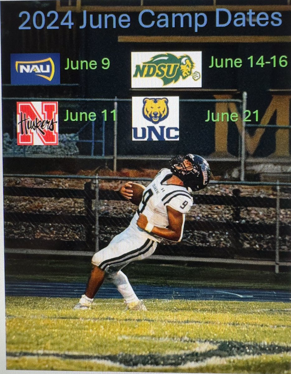 James Basinger ⭐️⭐️⭐️ (@basingerjames25) on Twitter photo First 4 camps of the summer. Very excited to get on the field and compete!
<a href="/NAU_Football/">NAU Football</a> June 9
<a href="/HuskerFootball/">Nebraska Football</a> June 11
<a href="/NDSUfootball/">NDSU Football</a> June 14-16
<a href="/UNC_BearsFB/">Northern Colorado Football</a> June 21
<a href="/CoachSwanson_/">Terry Swanson</a> @Coach_Romero8 <a href="/CoachEJbarthel/">EJ Barthel</a> <a href="/Rob_Dvoracek/">Rob Dvoracek</a> <a href="/Coach_Satt/">Marcus Satterfield</a> <a href="/CoachJakeLandry/">Jake Landry</a> <a href="/_Hudge/">Nick Hudgens</a> <a href="/CoachJake92/">Jake Lehman</a> First 4 camps of the summer. Very excited to get on the field and compete!
<a href="/NAU_Football/">NAU Football</a> June 9
<a href="/HuskerFootball/">Nebraska Football</a> June 11
<a href="/NDSUfootball/">NDSU Football</a> June 14-16
<a href="/UNC_BearsFB/">Northern Colorado Football</a> June 21
<a href="/CoachSwanson_/">Terry Swanson</a> @Coach_Romero8 <a href="/CoachEJbarthel/">EJ Barthel</a> <a href="/Rob_Dvoracek/">Rob Dvoracek</a> <a href="/Coach_Satt/">Marcus Satterfield</a> <a href="/CoachJakeLandry/">Jake Landry</a> <a href="/_Hudge/">Nick Hudgens</a> <a href="/CoachJake92/">Jake Lehman</a>
