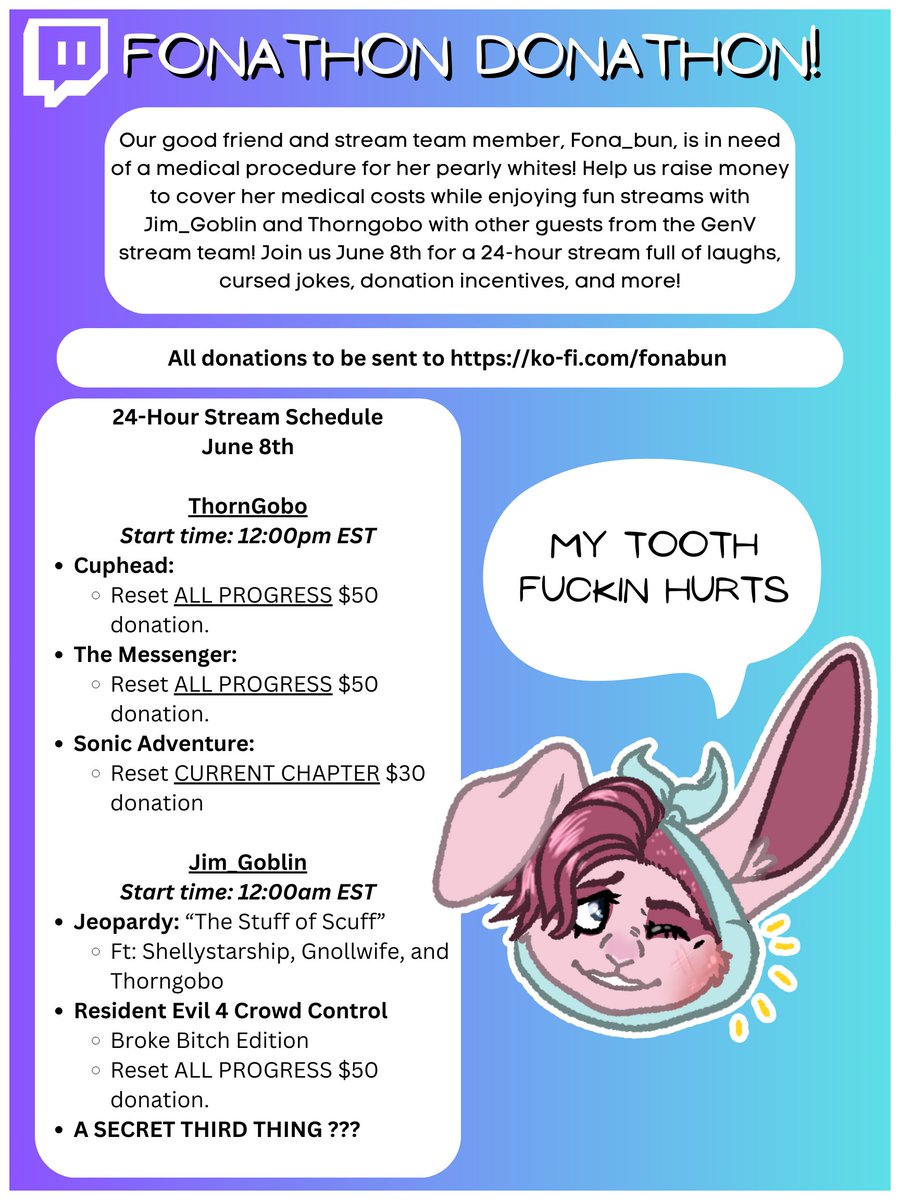 Jim_Gob's tweet photo. My friend needs to get some dental work done so @GoboThorn and I are hosting a 24 hour donathon for our friend! Here's a peek at some of the stuff you can expect, more will be revealed closer to the day of the stream, which will be 6/8/2024 starting at 12pm EST!

#envtuber https://t.co/C67EwPl32z