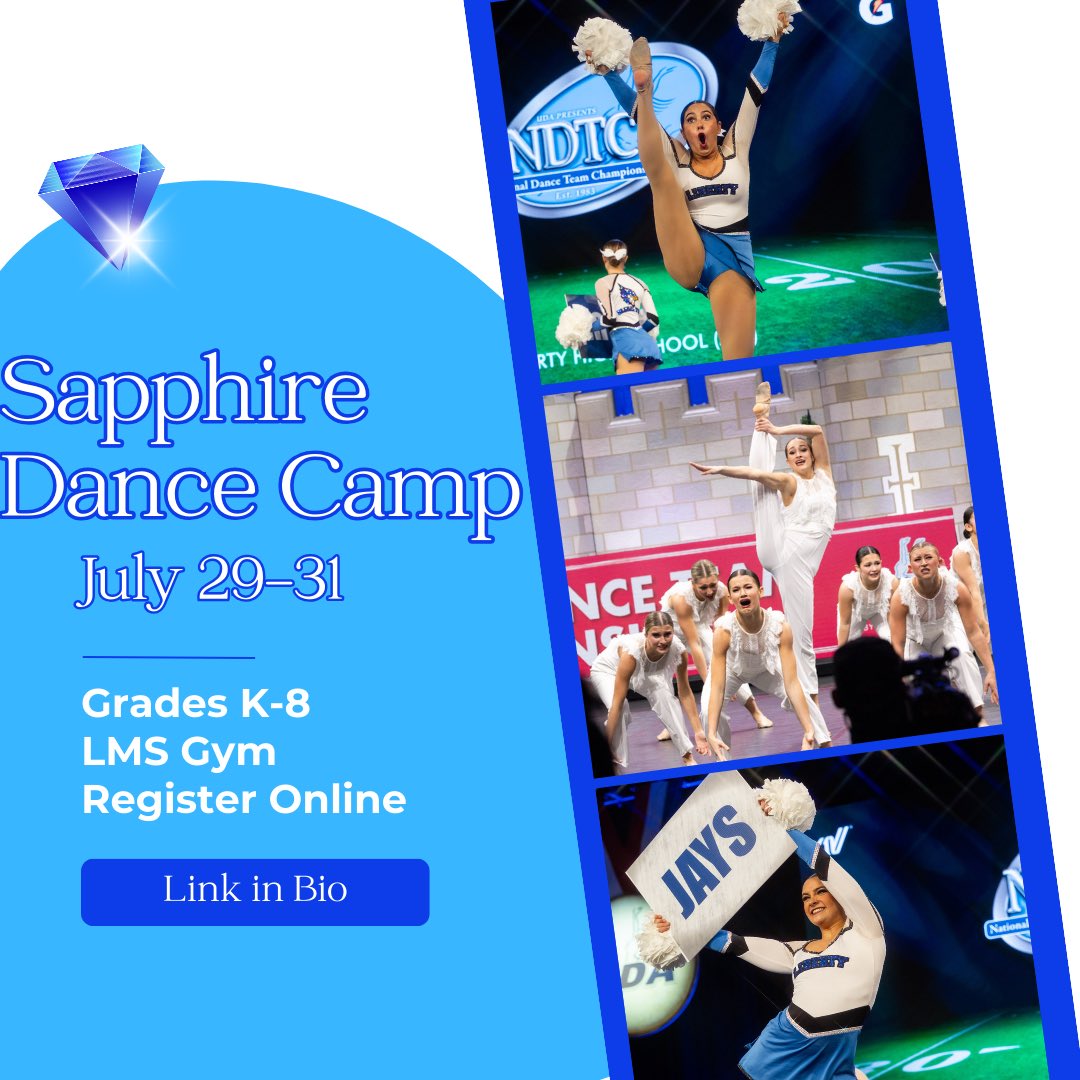 Let’s Dance! Join the fun &amp; sign up for the Liberty Sapphire Summer Dance Camp! All K-8 grade dancers are welcome to attend. All participants will receive a t-shirt &amp; perform for family &amp; friends on the final day of camp. Join the fun &amp; sign up today! 💙💎💙