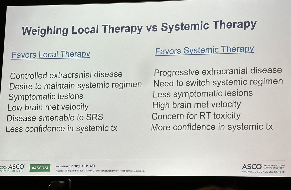 MF_damours's tweet photo. Excellent brain mets session @ASCO @nlinmd 🧠 #ASCO24 
‼️Risk of radionecrosis with combination of systemic tx + SRS https://t.co/RSSZb9wTTF