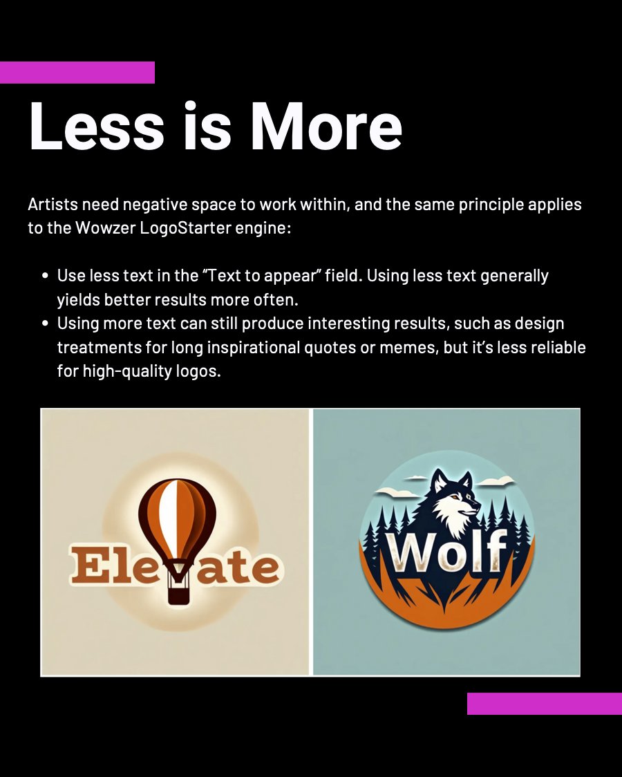 Wowzer_AI's tweet photo. Need to create a logo but don't have design experience? No problem! Try Wowzer AI's Logo Starter with the help of these 7 tips (Part I). 

#AI #logodesign #WowzerAI #logomaker #ailogo https://t.co/G6ExaDgzsj