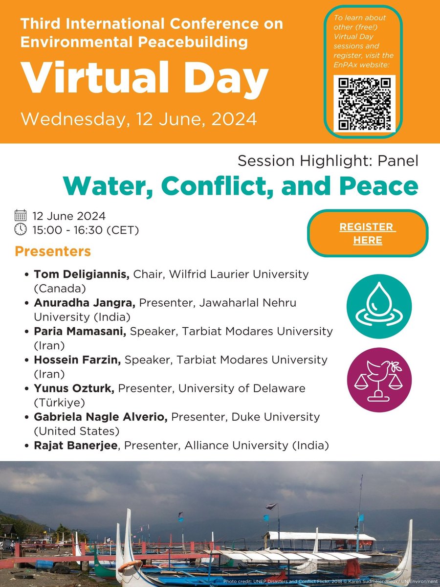 Join us for “Water, Conflict, and Peace” during the fourth session of the Virtual Conference day. The panel is from 3:00-4:30PM on June 12th. For more information and to register, scan the QR code below.