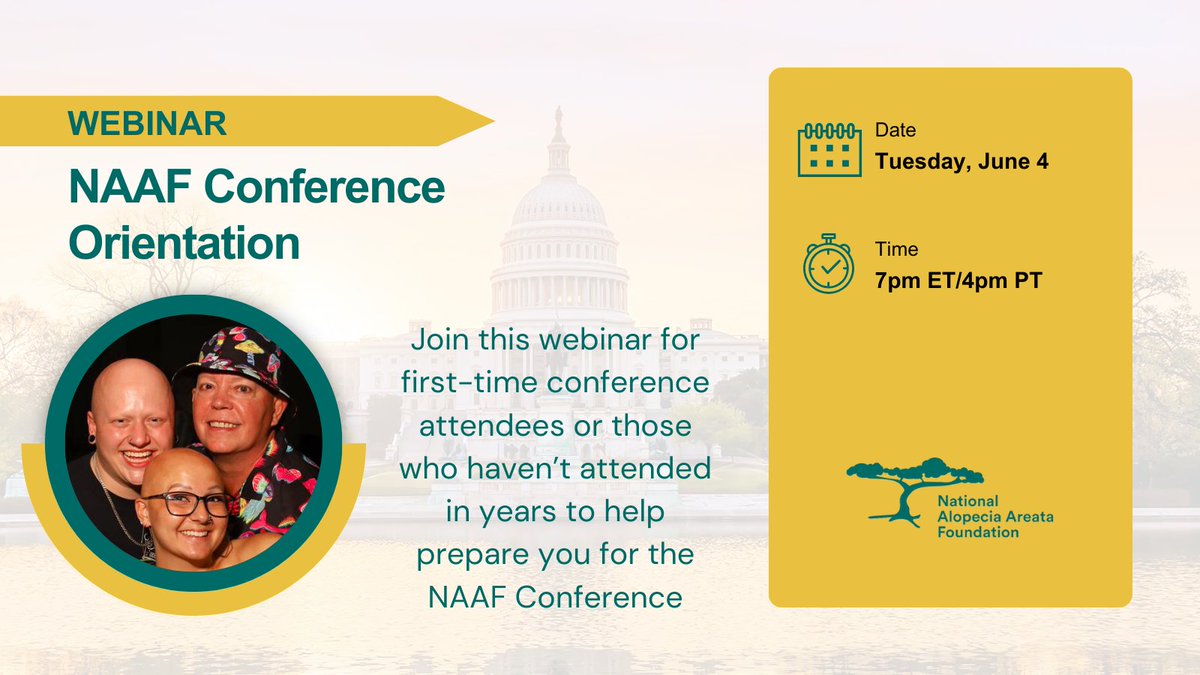 If you are new to #NAAFConference or haven’t attended in a few years? Then be sure to join us for the NAAF Conference Orientation webinar June 4 at 7pm ET/4pm PT. us02web.zoom.us/webinar/regist…

#AlopeciaAreata
