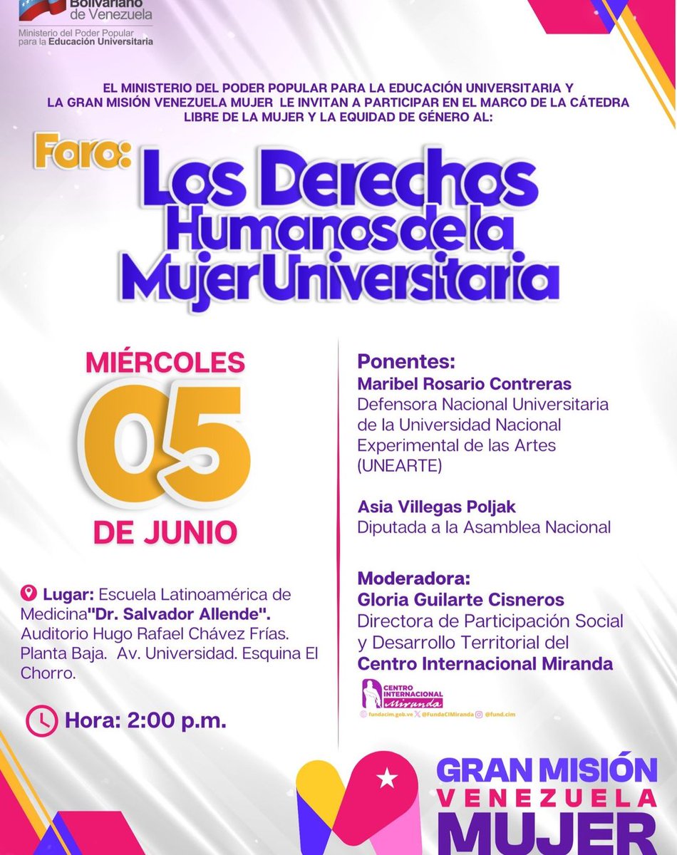 vs_cites's tweet photo. #DeInterés | El @MPPEU_Ve  y la Gran Misión Venezuela Mujer, realizarán el Foro: Los Derechos Humanos de la Mujer Universitaria.

📅Fecha: 5 de junio
⏰Hora: 2:00 pm
🏫Lugar: Escuela Latinoamericana de Medicina "Dr. Salvador Allende"

¡Participa!

#SanciónCero https://t.co/wtILdFb6vq