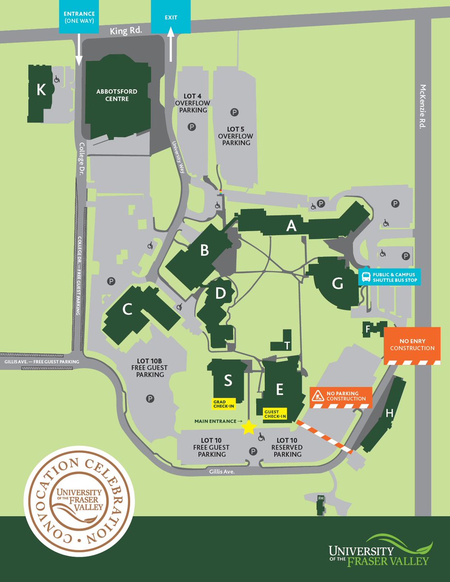 All Convocation ceremonies will be held at UFV Cascades Athletic Centre, 1395 McKenzie Rd, Abbotsford. Main entrance: south end of Student Union Building.

🚗Driving in? Please arrive via Gillis Ave. or College Dr. 

More details about event and parking ow.ly/JLz250S2S92