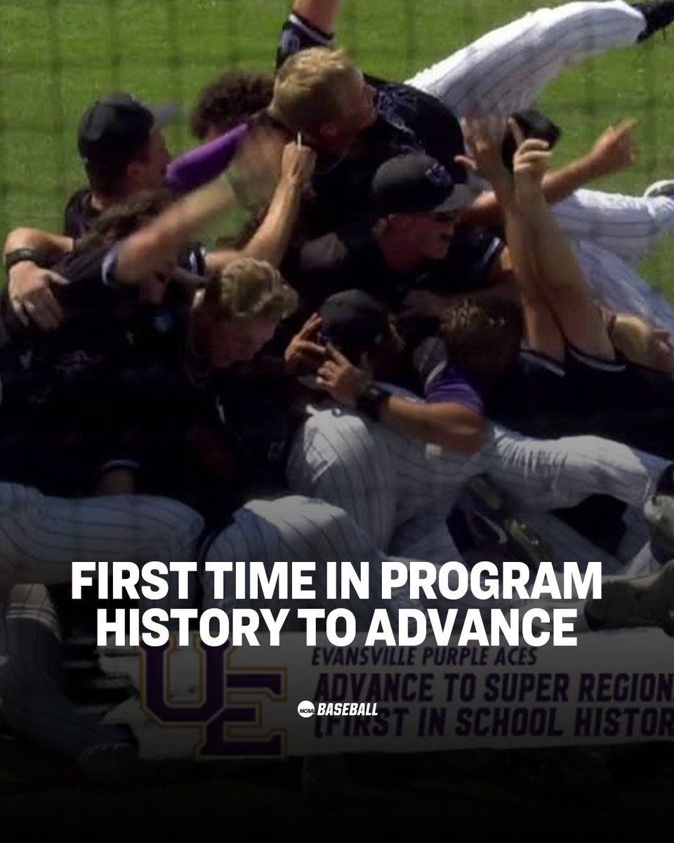NCAA Baseball (@ncaabaseball) on Twitter photo .<a href="/UEAthleticsBASE/">Evansville Purple Aces Baseball</a> is headed to the #NCAABaseball Super Regionals for the first time in program history.
#RoadToOmaha .<a href="/UEAthleticsBASE/">Evansville Purple Aces Baseball</a> is headed to the #NCAABaseball Super Regionals for the first time in program history.
#RoadToOmaha