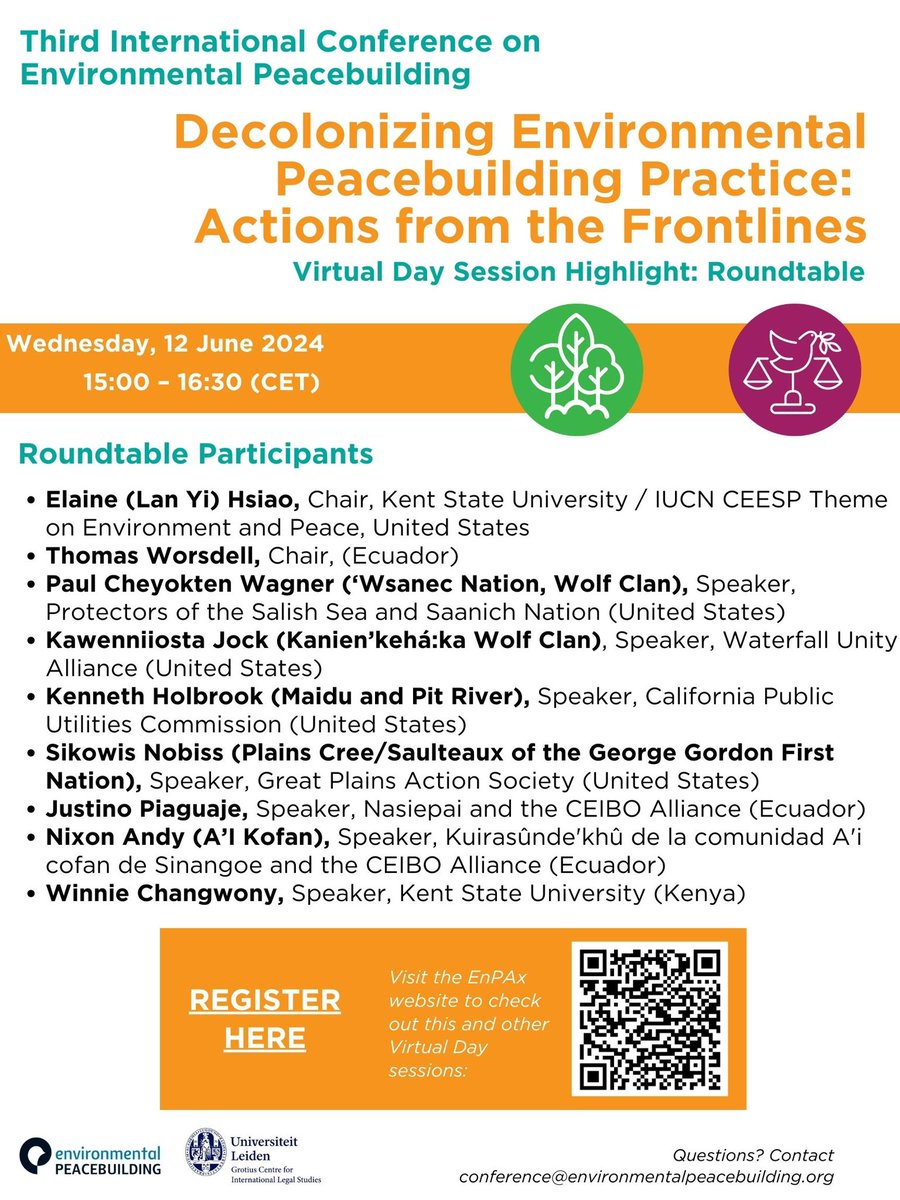 During the fourth session of the Virtual Conference Day, join us for “Decolonizing Environmental Peacebuilding Practice: Actions from the Frontlines.” This roundtable is from 3:00-4:30PM on June 12th. For more information and to register, scan the QR code below.