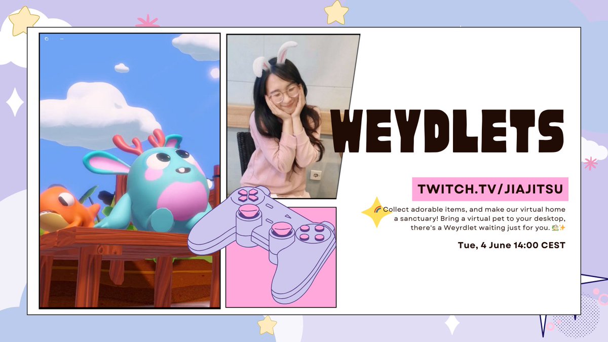 🌈Let's play @weyrdlets ! 🐰✨

🕒 Tuesday, 4 June at 14:00 CEST

Get ready to:
🌟Collect whimsical items
🛋️Decorate my dreamy virtual home
🐾Bring a virtual pet to my desktop 

Going to make my desktop a personal playground!