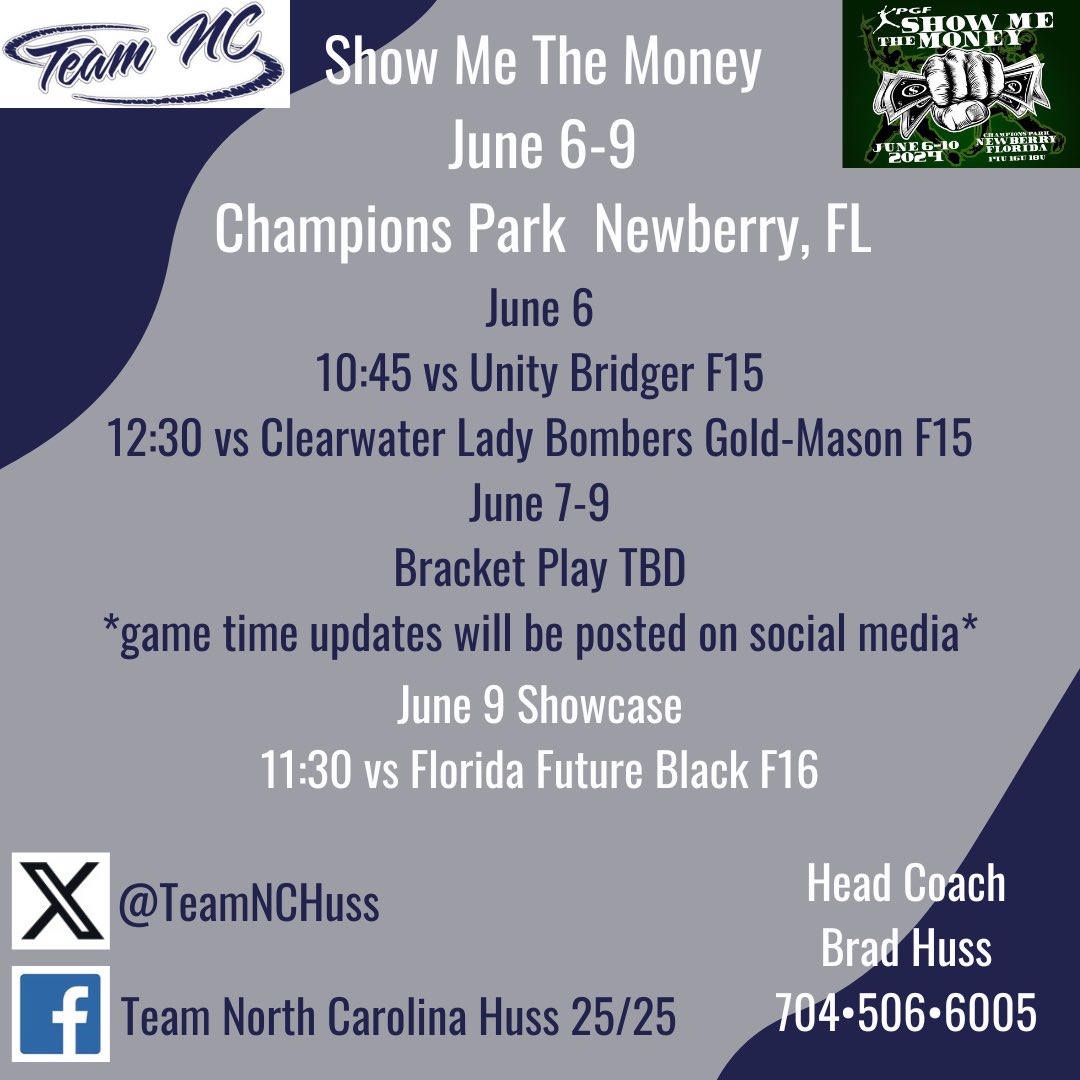 Our team heads to Florida this week for Show Me The Money! 
<a href="/HussBrad/">Team North Carolina-Huss</a> <a href="/TeamNCSoftball/">Team North Carolina Softball</a>