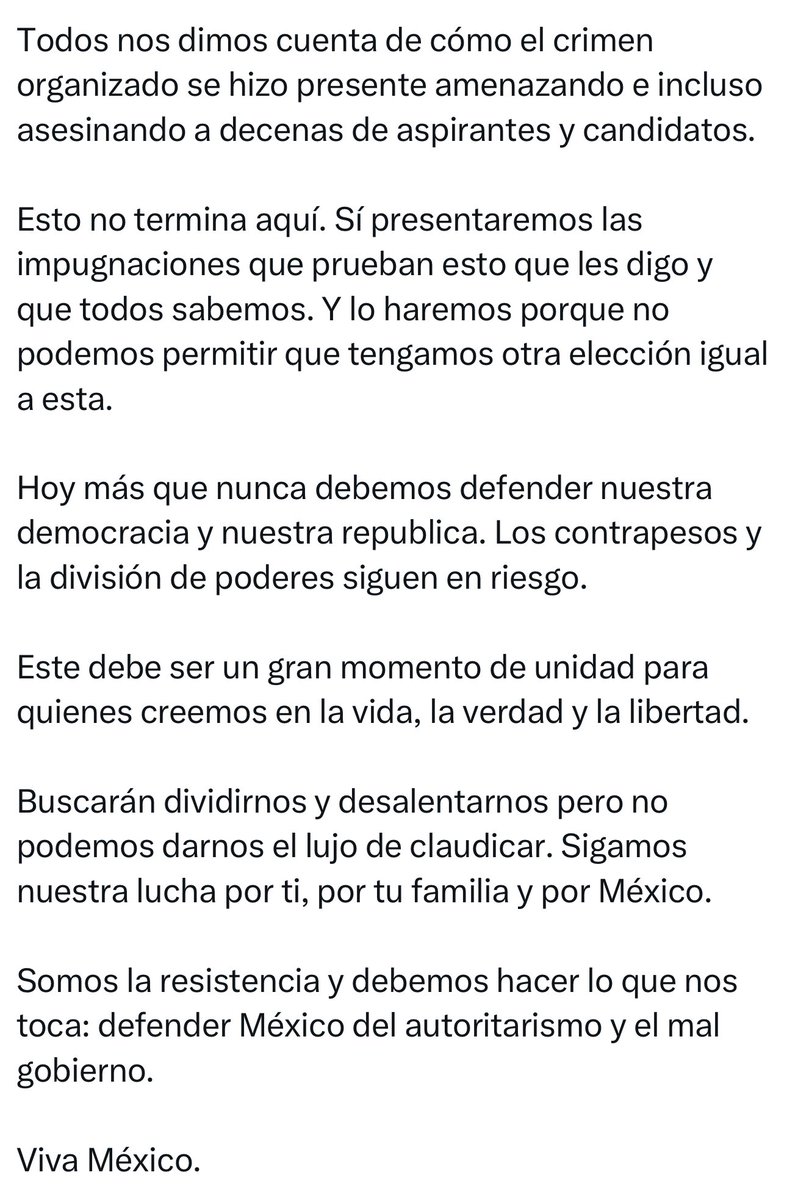 Adelanta Xóchitl Gálvez ( @XochitlGalvez ) presentarán impugnaciones 'porque no podemos permitir que tengamos otra elección igual a esta. Los contrapesos y la división de poderes siguen en riesgo, asegura .