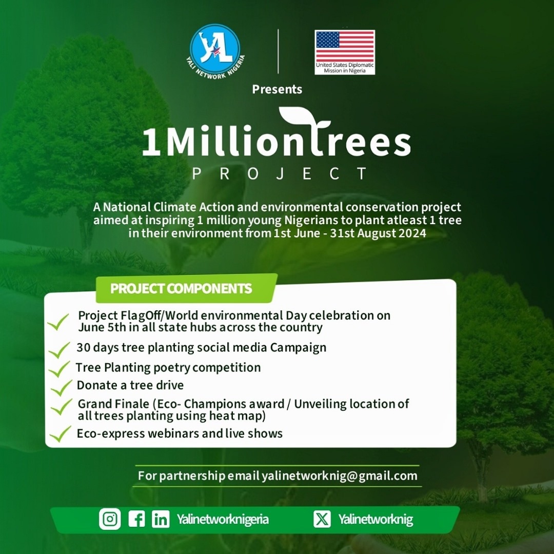 We are excited to announce the launch of the our 1MillionTree Project, an ambitious 3 months (1st June - 31st August 2024) project aimed at inspiring 1 Million young people in Nigeria to  plant atleast 1 tree within their communities.