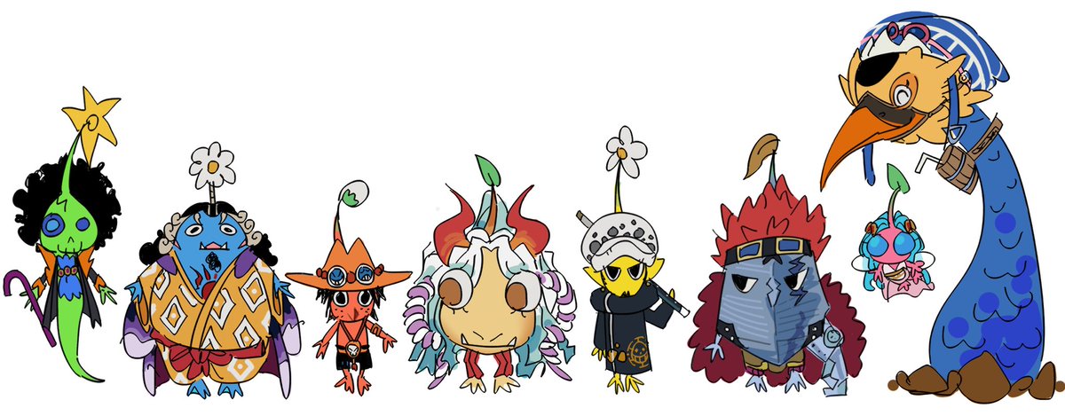 fujimouse's tweet photo. added jinbe and brook!! sry for repost. im doing these for fun lol #pikmin #ONEPIECE https://t.co/ddi9cdVCII